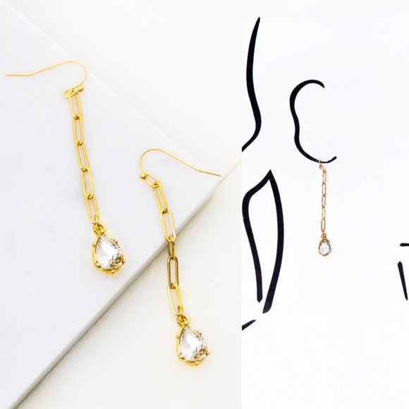Gold Chain Teardrop Stone Linear Dangle Earrings